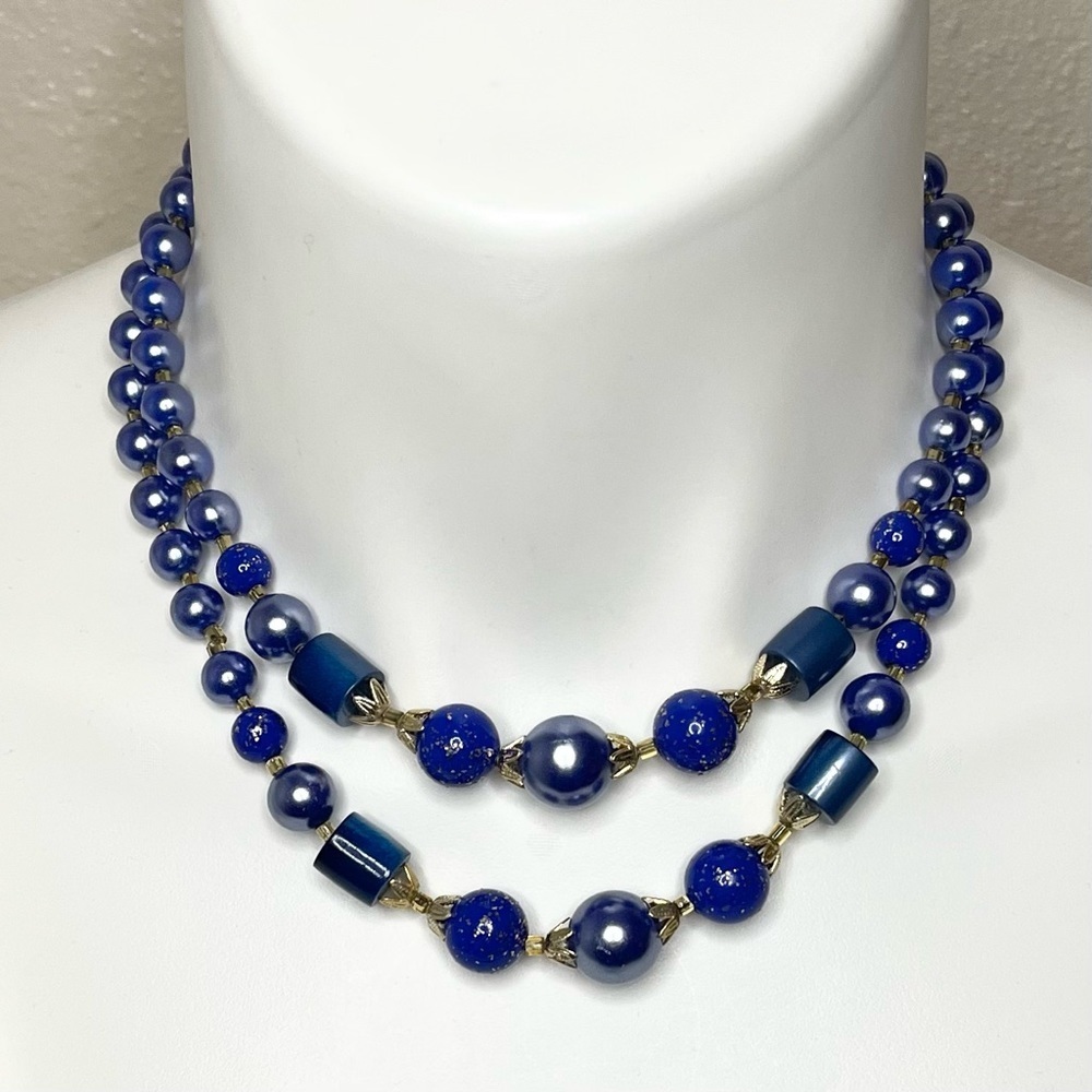 Vintage Necklace Blue & Gold Double Strand Adjustable Length High Neck Costume